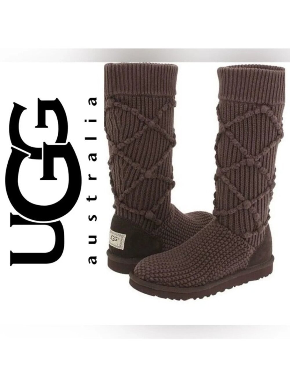 UGG Womens Brown Classic Argyle Tall Knit Boots Size 9